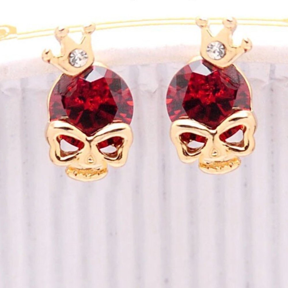Ruby Red Skull & Crown Stud Earrings